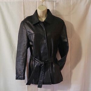 Adler Black Leather Belted Jacket, Size M